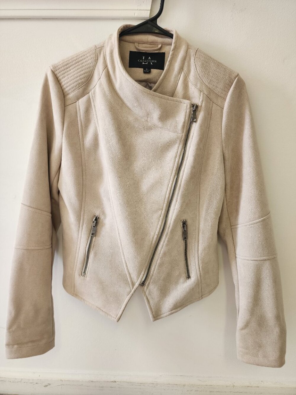 Women's LA Coalition faux suede moto jacket - Small, Soft Beige